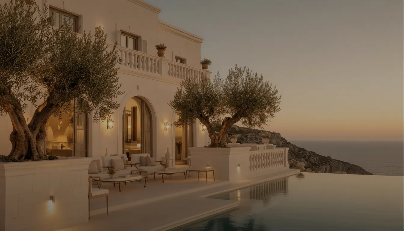 Luxury hotel with pool at sunset
